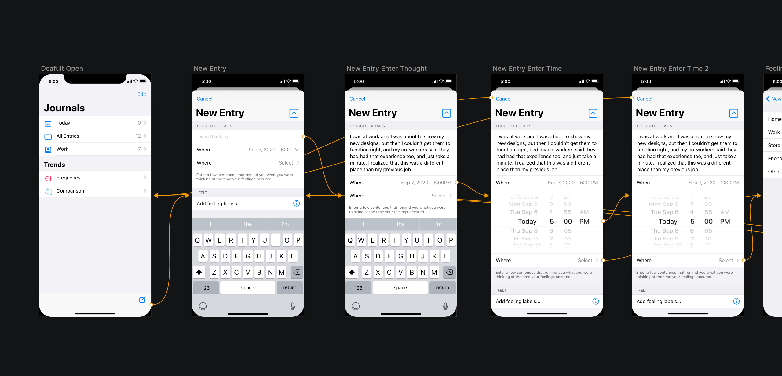 A screen capture from SketchApp of the Emotion Log App prototype