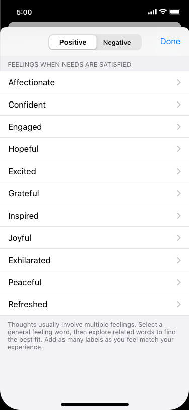 The emotion listing view organized by positive and negative emotions